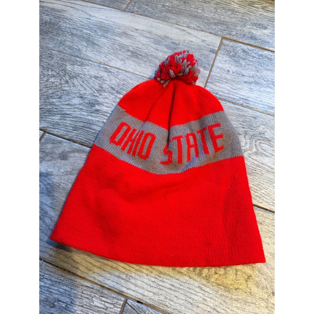 Ohio State Buckeyes Football Winter Beanie Knit Pom Pom Hat Cap Vintage Stripe